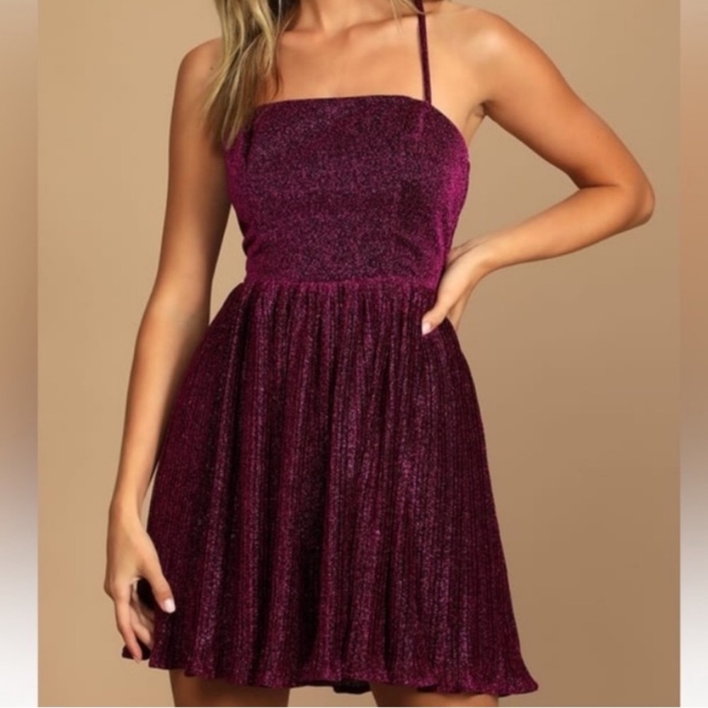 Lulu’s Party Era Purple Sparkly Lace-Up Pleated Skater Dress - size medium